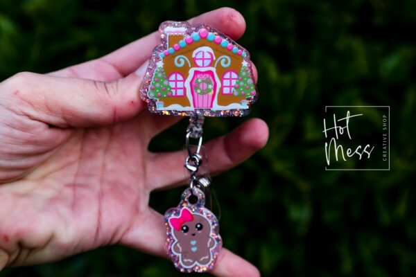 Christmas Badge Reel, Gingerbread House, Nurse Badge Reel, Retractable ID Holder, Interchangeable, Glitter Badge Reel, Stocking Stuffer
