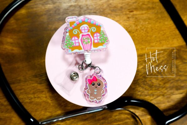 Christmas Badge Reel, Gingerbread House, Nurse Badge Reel, Retractable ID Holder, Interchangeable, Glitter Badge Reel, Stocking Stuffer