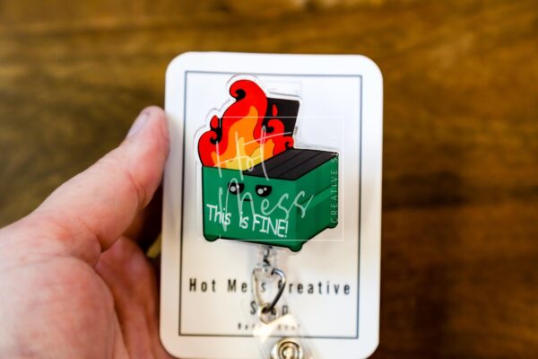 il_fullxfull.7362835171_2vye Sarcastic 'This Is Fine' Dumpster Fire Retractable Badge Reel - Funny ID Holder Stocking Stuffer
