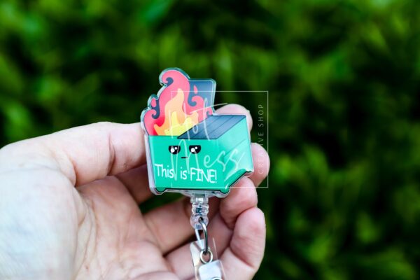 il_fullxfull.7362835255_tcpu Sarcastic 'This Is Fine' Dumpster Fire Retractable Badge Reel - Funny ID Holder Stocking Stuffer