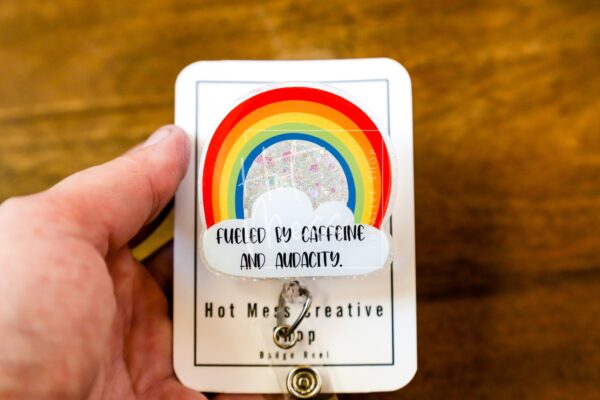 il_fullxfull.7362851501_8qx9 Fueled By Caffeine and Audacity Funny Rainbow Badge Reel, RN ID Holder, Retractable Badge Reel, Night Shift, Audacity, Stocking Stuffer
