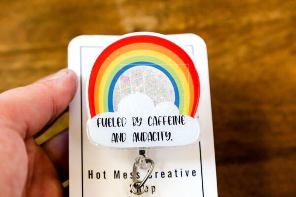 il_fullxfull.7362851505_egn1 Fueled By Caffeine and Audacity Funny Rainbow Badge Reel, RN ID Holder, Retractable Badge Reel, Night Shift, Audacity, Stocking Stuffer