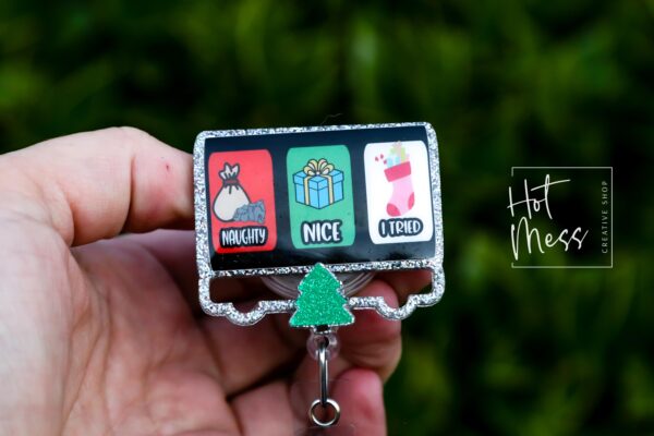 Nice, Naughty, I tried Badge Reel, Christmas Badge Reel, Funny Badge Reel, Retractable ID Holder, Glitter Badge Reel, Slider Badge Reel