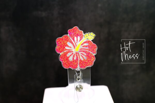 PINK Hibiscus Badge Reel, RN ID Holder, Retractable Acrylic Badge Reel, Nurse Gift, Teacher Lanyard, flower badge reel