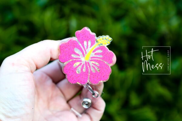 PINK Hibiscus Badge Reel, RN ID Holder, Retractable Acrylic Badge Reel, Nurse Gift, Teacher Lanyard, flower badge reel