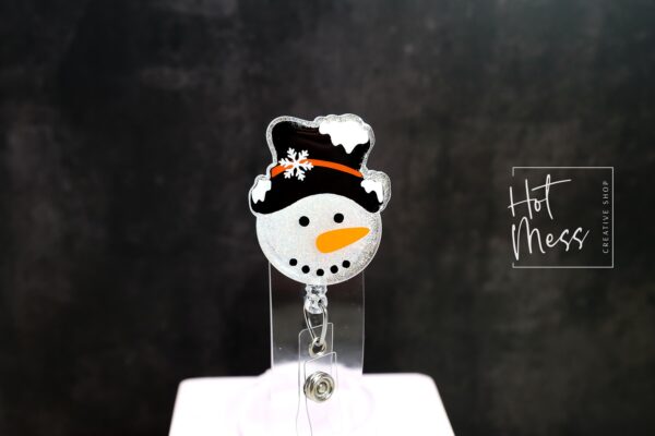 Snowman in a fancy hat Badge Reel, Christmas Badge Reel, Nurse Badge Reel, Retractable ID Holder, Glitter Badge Reel, Winter ID Holder