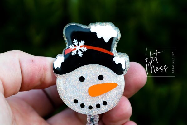 Snowman in a fancy hat Badge Reel, Christmas Badge Reel, Nurse Badge Reel, Retractable ID Holder, Glitter Badge Reel, Winter ID Holder