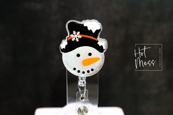 Snowman in a fancy hat Badge Reel, Christmas Badge Reel, Nurse Badge Reel, Retractable ID Holder, Glitter Badge Reel, Winter ID Holder