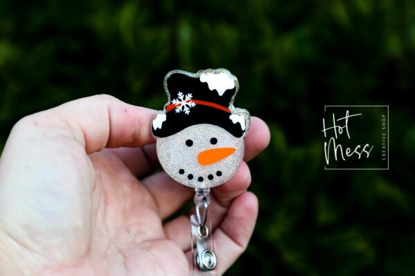 Snowman in a fancy hat Badge Reel, Christmas Badge Reel, Nurse Badge Reel, Retractable ID Holder, Glitter Badge Reel, Winter ID Holder