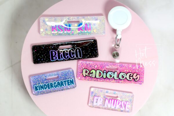 Glitter Custom Personalized Mini Badge Buddy, Hospital ID, Glitter Name Tag Flair