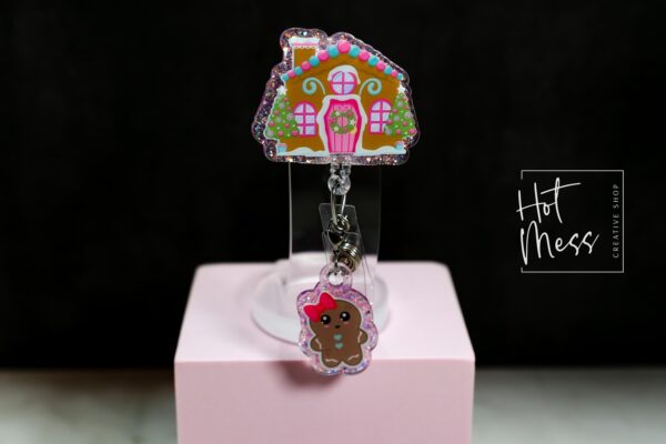 Christmas Badge Reel, Gingerbread House, Nurse Badge Reel, Retractable ID Holder, Interchangeable, Glitter Badge Reel, Stocking Stuffer