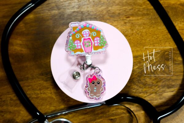 Christmas Badge Reel, Gingerbread House, Nurse Badge Reel, Retractable ID Holder, Interchangeable, Glitter Badge Reel, Stocking Stuffer