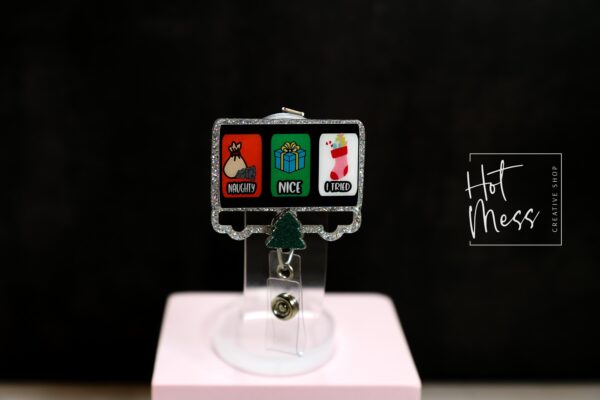Nice, Naughty, I tried Badge Reel, Christmas Badge Reel, Funny Badge Reel, Retractable ID Holder, Glitter Badge Reel, Slider Badge Reel