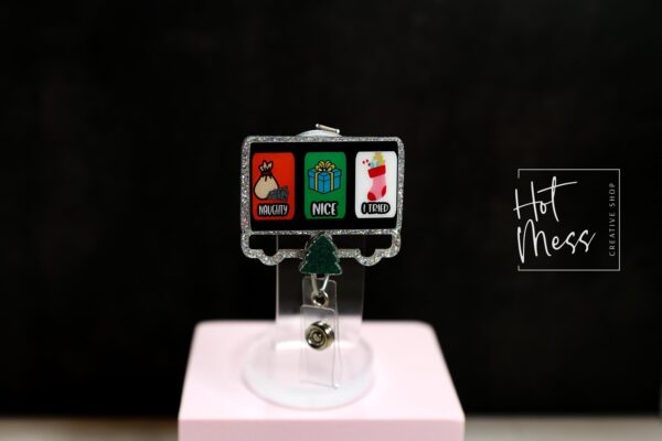 Nice, Naughty, I tried Badge Reel, Christmas Badge Reel, Funny Badge Reel, Retractable ID Holder, Glitter Badge Reel, Slider Badge Reel