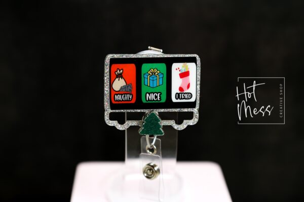 Nice, Naughty, I tried Badge Reel, Christmas Badge Reel, Funny Badge Reel, Retractable ID Holder, Glitter Badge Reel, Slider Badge Reel