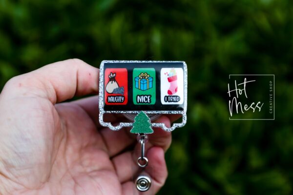 Nice, Naughty, I tried Badge Reel, Christmas Badge Reel, Funny Badge Reel, Retractable ID Holder, Glitter Badge Reel, Slider Badge Reel