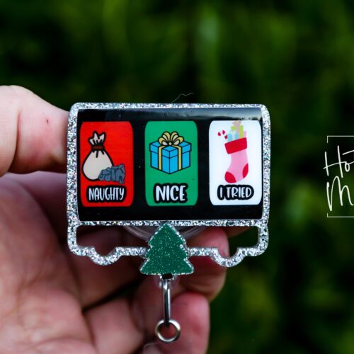 Nice, Naughty, I tried Badge Reel, Christmas Badge Reel, Funny Badge Reel, Retractable ID Holder, Glitter Badge Reel, Slider Badge Reel