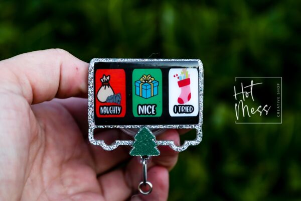 Nice, Naughty, I tried Badge Reel, Christmas Badge Reel, Funny Badge Reel, Retractable ID Holder, Glitter Badge Reel, Slider Badge Reel